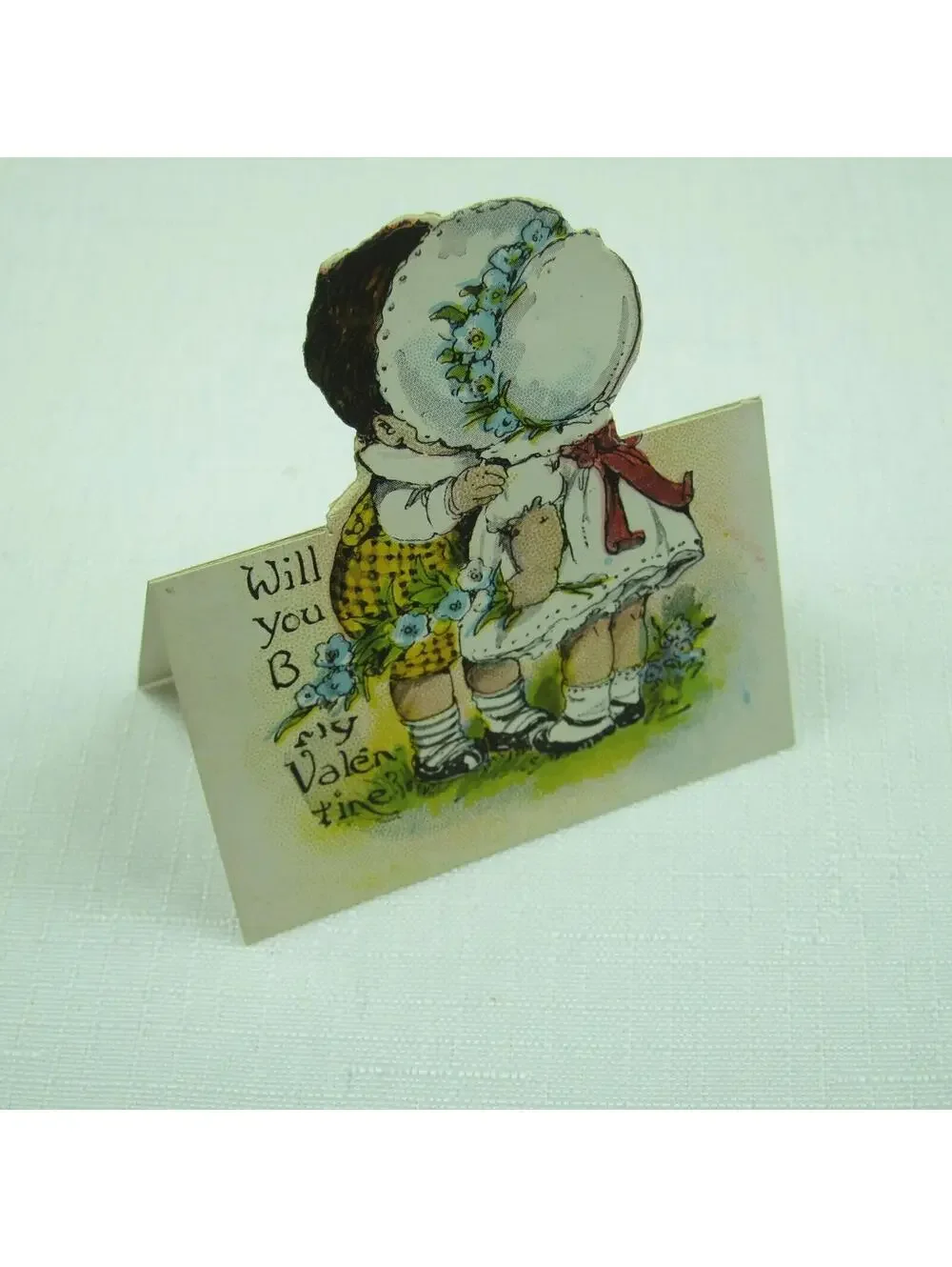 Vintage Valentine Boy Kisses Girl White Bonnet Blue Flowers Cutout Card Stand Up